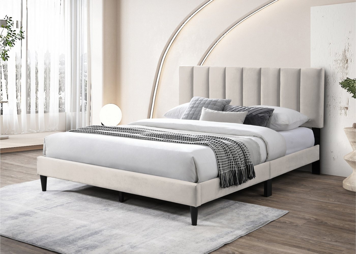 Home Collective Polsterbett 140x200 & 160x200 cm mit Lattenrost und weichem Bezug, Bettgestell (Doppelbett mit gepolstertem Kopfteil, robustes Gestell, hoher Liegekomfort), vertikaler Steppung, 160x200 cm, Beige Bild 1