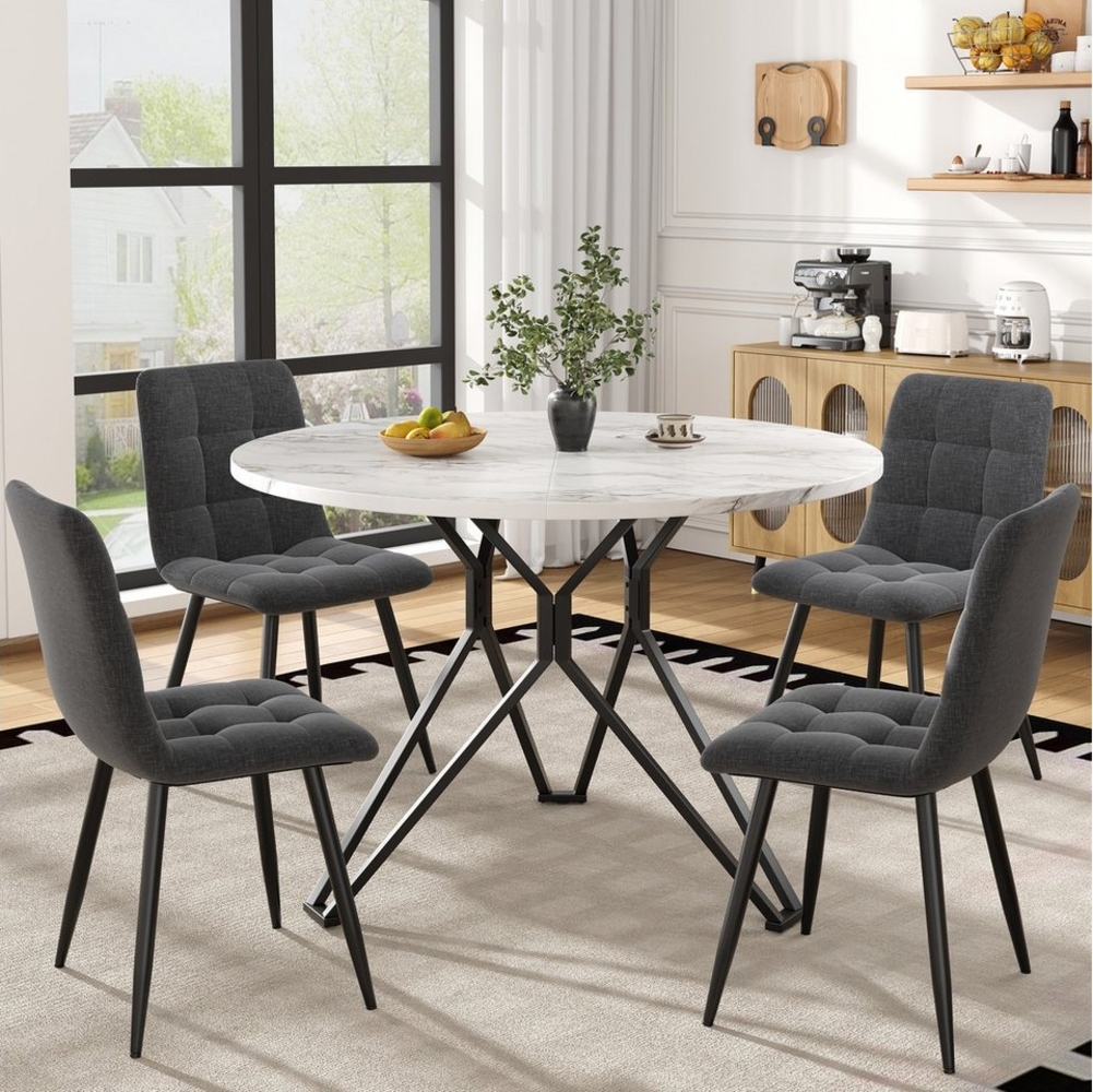 HAUSS SPOLE Essgruppe 5-tlg mit 4 Stühlen, Runder Küchentisch mit schwarzen Metallbeinen, (Modernes 5-teiliges Esstisch-Set – Runder Tisch (100 cm Durchmesser) mit MDF-Marmor-Tischplatte, Schwarze Metallbeine, 4 graue Samt-Stühle, 5-tlg) Bild 1