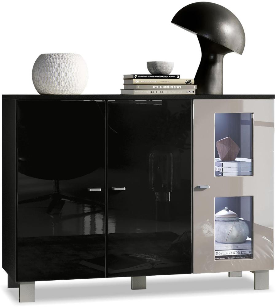 Vladon Sideboard Denjo, Kommode mit 3 Türen, Schwarz matt/Schwarz Hochglanz/Sandgrau Hochglanz, inkl. LED-Beleuchtung (107 x 81 x 35 cm) Bild 1