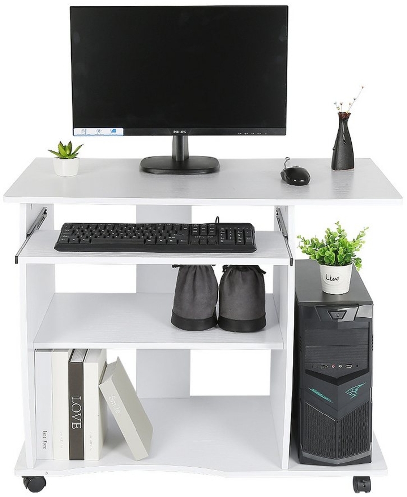 JEOBEST Computertisch Laptoptisch, Schreibtisch, 90 x 75 x 50 cm mit Tastaturauszug, PC Tisch auf feststellbaren Rollen, Towerfach Bild 1