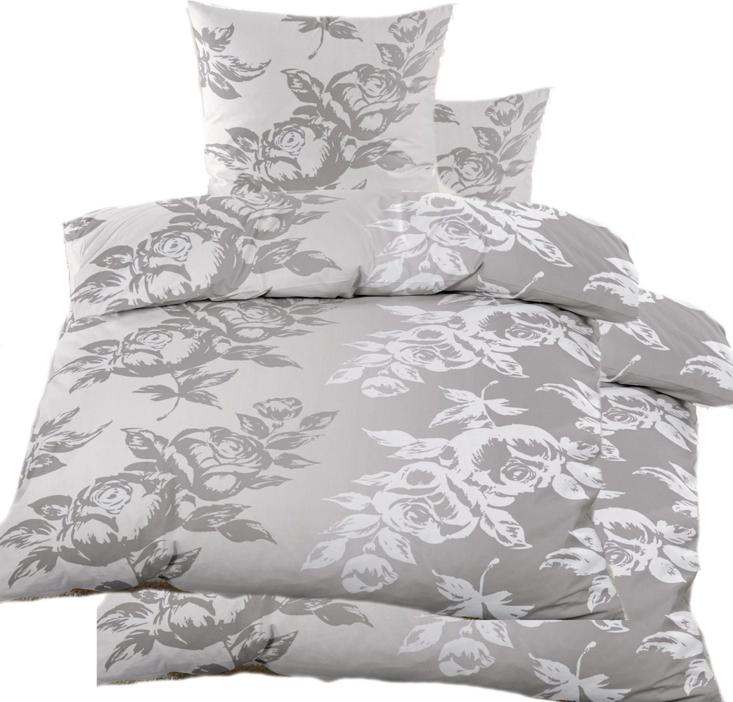 KH-Haushaltshandel Bettwäsche 4-tlg. Biber Winter Bettwäsche 2x(135x200 + 80x80 cm), Blüten, Biber, 4 teilig, grau weiß, warm, flauschig weich, Baumwoll Mischgewebe Bild 1