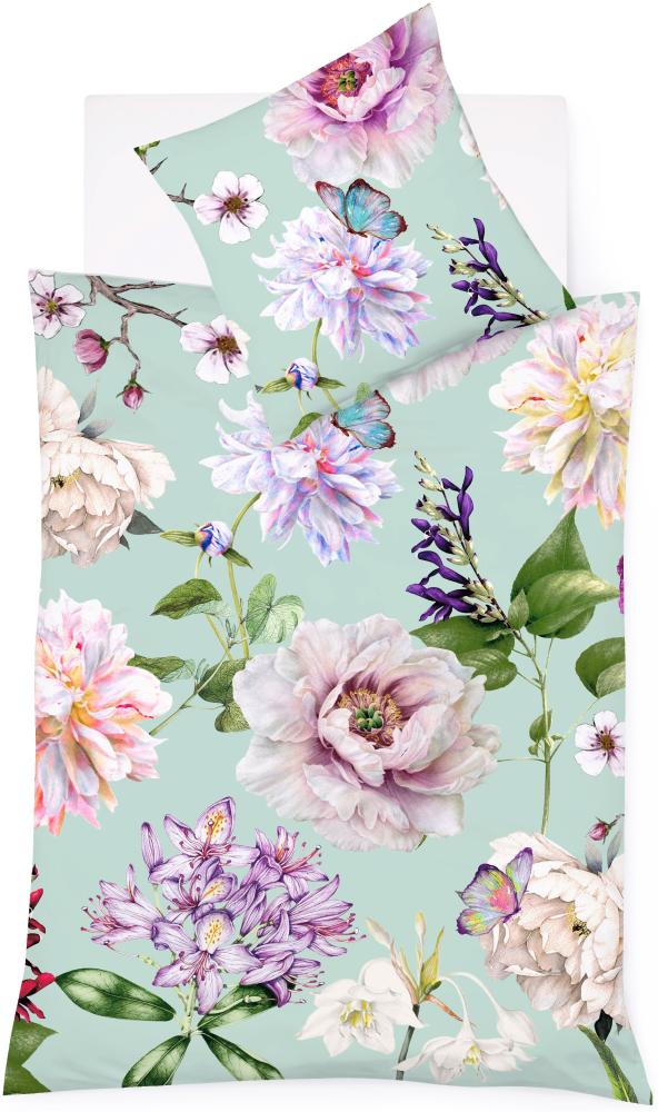 Fleuresse Mako-Satin Bettwäsche 155x220 Blüten Schmetterlinge mint 114275-05 Bild 1