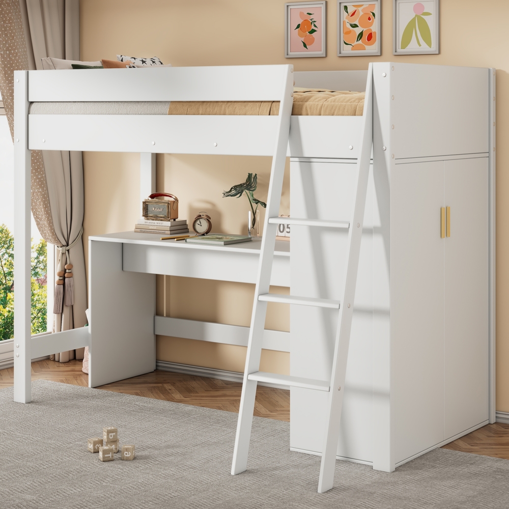 Merax Kinder-Hochbett, 90*200cm multifunktionales Kinderbett, mit Leiter, mit Schreibtisch, mit Kleiderschrank, frei kombinierbar, ohne Matratze, Massivholz, weiß Bild 1