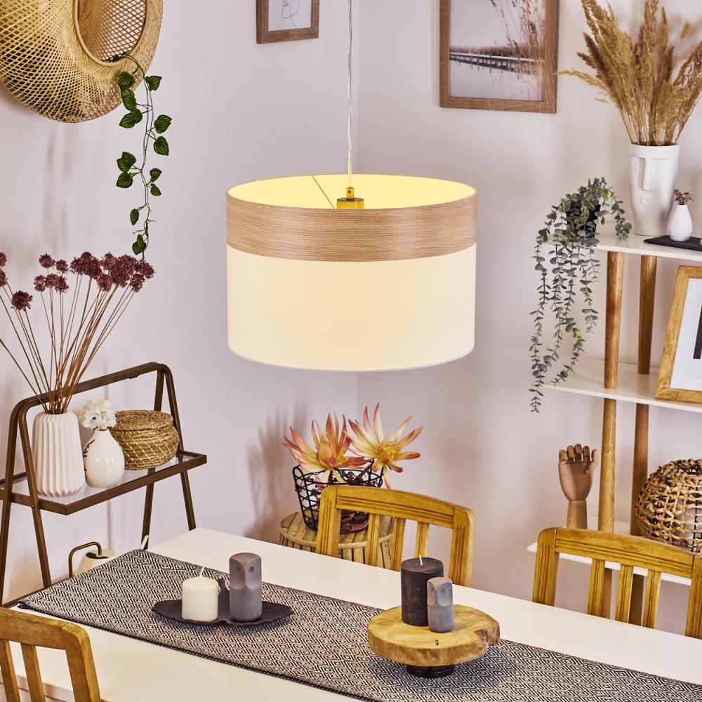 »Luoghicello«, moderne Hängelampe aus Metall/Kunststoff/Stoff in Nickel-matt/Holzoptik/Weiß, Pendelleuchte mit rundem Schirm (Ø 40 cm), Höhe max. 125 cm, 1-flammig, 1 x E27 max. 60 Watt Bild 1