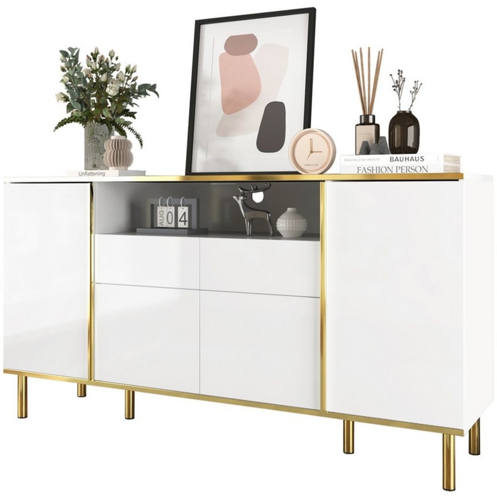 Refined Living Sideboard hochglänzendes weißes Sideboard, Kommode, Schlafzimmerkommode (1 St, mit 2 Schubladen, 1 St, mit LED-Beleuchtung und Goldakzenten Multifunktional und Hochwertig), für Ihr Schlafzimmer, Ihren Ess- oder Wohnbereich Bild 1