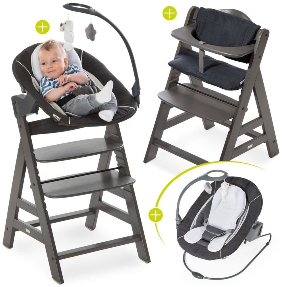 Hauck Hochstuhl Alpha Plus Charcoal - Newborn Set Deluxe (Set, 4 St), Holz Babystuhl ab Geburt inkl. Aufsatz für Neugeborene & Sitzauflage Bild 1