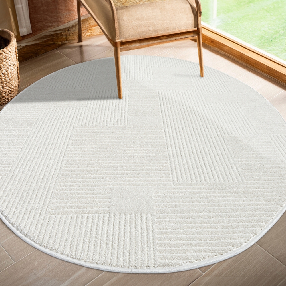Teppich Rund Kurzflor Creme 160x160cm Geometrisch Gestreifte Muster mit Hoch-Tief-Effekt, 3D Effekt, Weich Bild 1