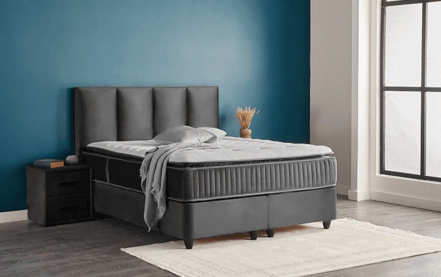 abc bedding Boxspringbett Komfortbett NORA mit Samt Velours Stoff in Anthrazit Grau, Voll-orthopädisches Schlafsystem inklusive Bettkasten Bild 1