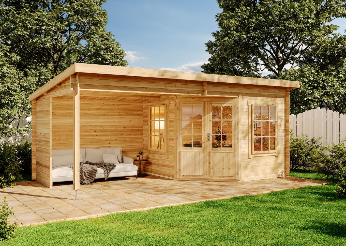 Alpholz Gartenhaus Modell Carl-28 Gartenhaus aus Holz in Pinie Holzhaus mit 28 mm Wandstärke inklusive Terrasse Blockbohlenhaus mit Montagematerial Bild 1