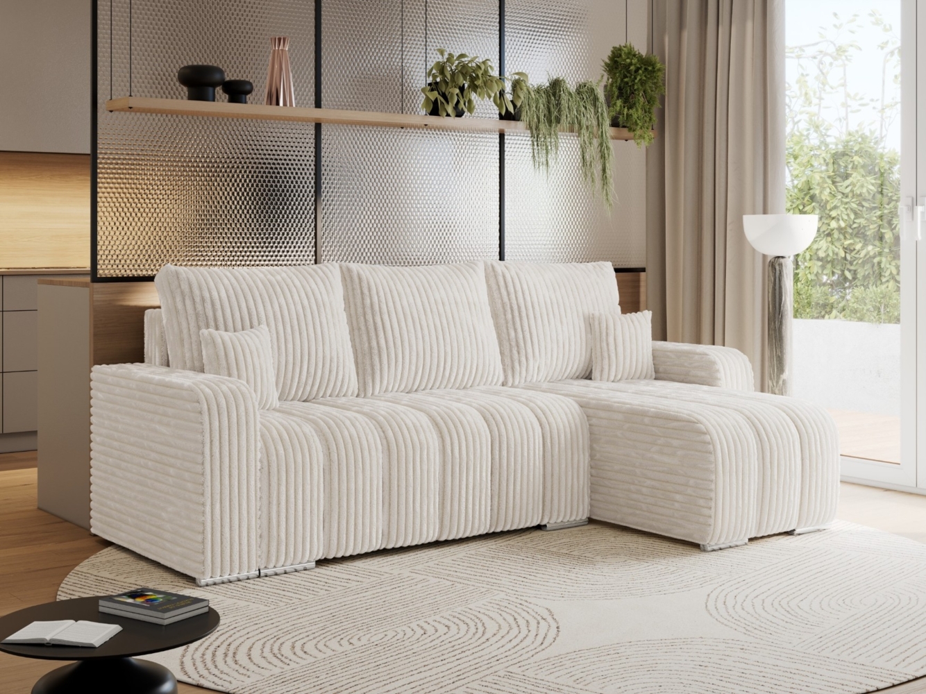 Universelles Ecksofa in Streifen genäht mit Schlaffunktion und Bettkasten, modern Stil - KIRASSO - Beige Cord Bild 1