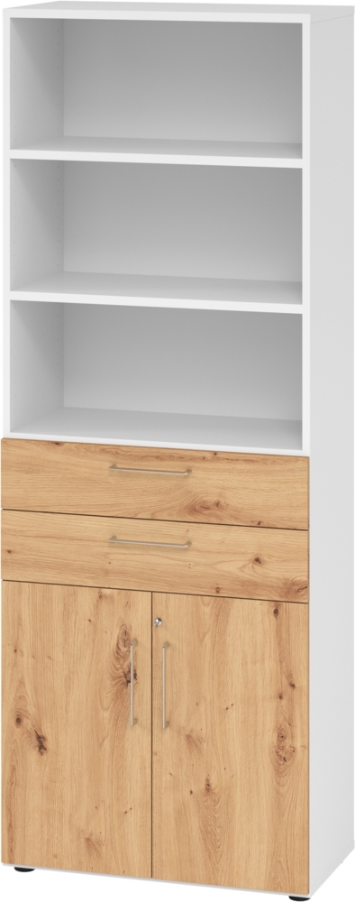 bümö Aktenregal & Schrank abschließbar, Büroschrank Regal & Schubladen Kombination Holz 80cm breit in Weiß/Nussbaum - Schrank für's Büro & Arbeitszimmer, Büro Möbel Ordnerschrank, 968K2-W-R-BS Bild 1