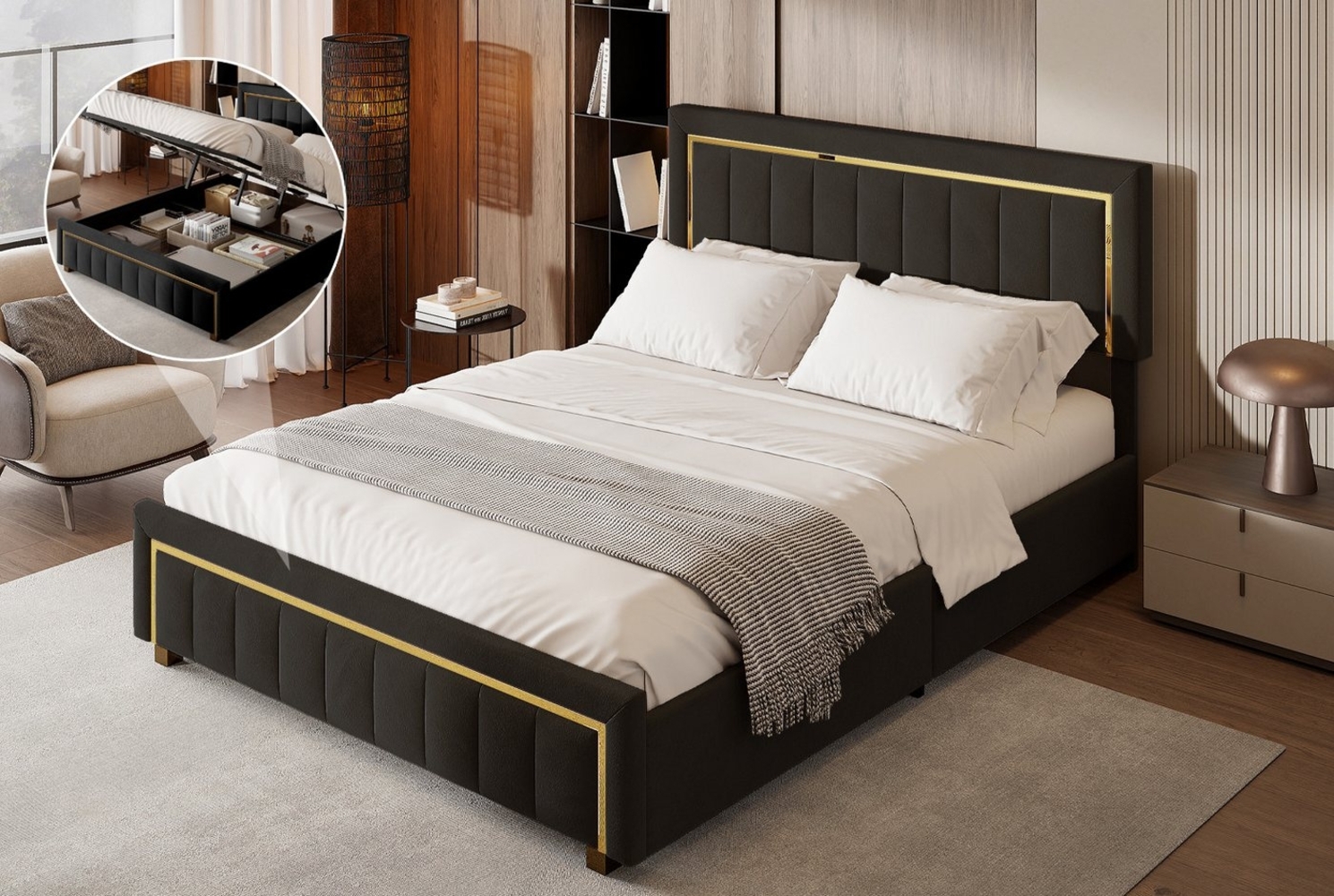 FUROKOY Stauraumbett Doppelbett Polsterbett mit Lattenrost und hydraulischen Stützen, 160x200 cm,Mit Stauraum,mit Lattenrost,Samtmaterial,Schwarz Bild 1