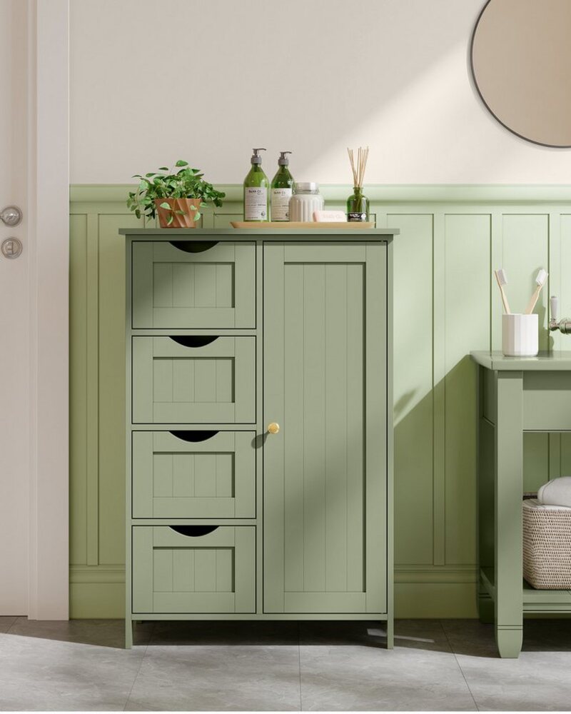 VASAGLE Badezimmerschrank, schmaler Badschrank, Beistellschrank, Kommode, mit 4 Schubladen, Schranktür, verstellbare Ablage, 30 x 55 x 82 cm, waldgrün LHC041C01 Bild 1