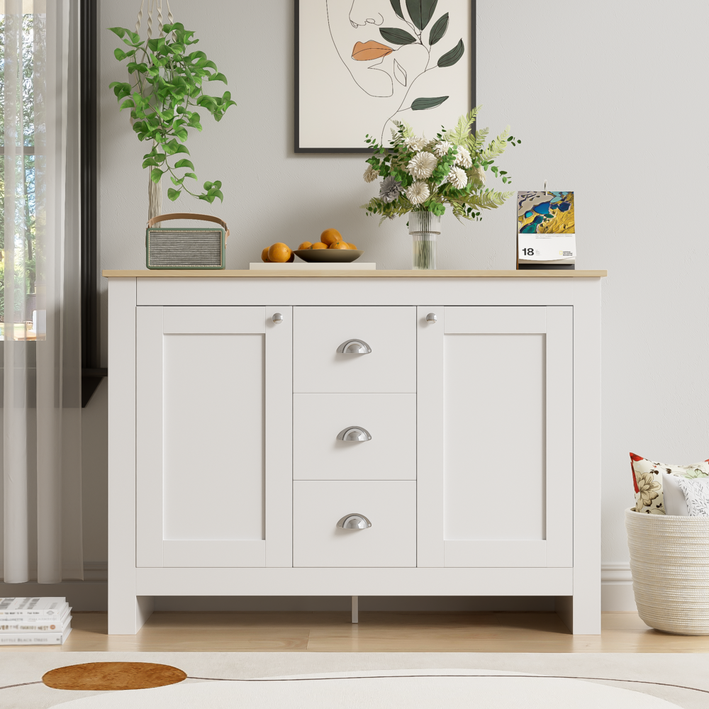 Merax Warmweißer Holz-Sideboard mit 2 Türen und 3 Schubladen – Mit Silbernen Griffen, Verstellbarem Regal und Soft-Close-Scharnieren – 116 cm Lang x 35 cm Breit x 81 cm Hoch Bild 1