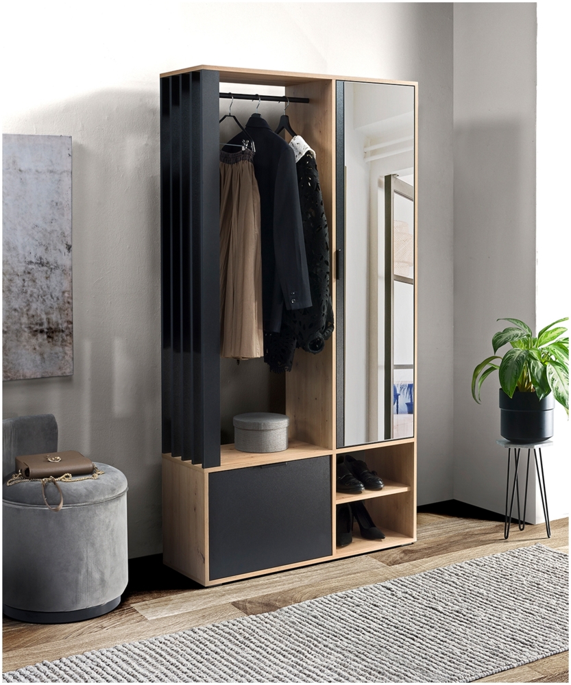 MEBLINI Garderobenschrank Flur mit Spiegel - MILANO - 100x33x190cm R/L - Artisan Eiche/Schwarz - Garderobe Schrank - Flurgarderobe schmal - Garderobe Flur Möbel Set - Flurschrank hoch Bild 1