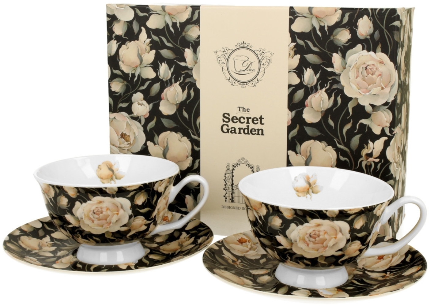 DUO FLORAL 2er-Set königliche Tassen 250 ml ENGLISH ROSES BLACK mit Untertassen, New Bone China Porzellan Bild 1