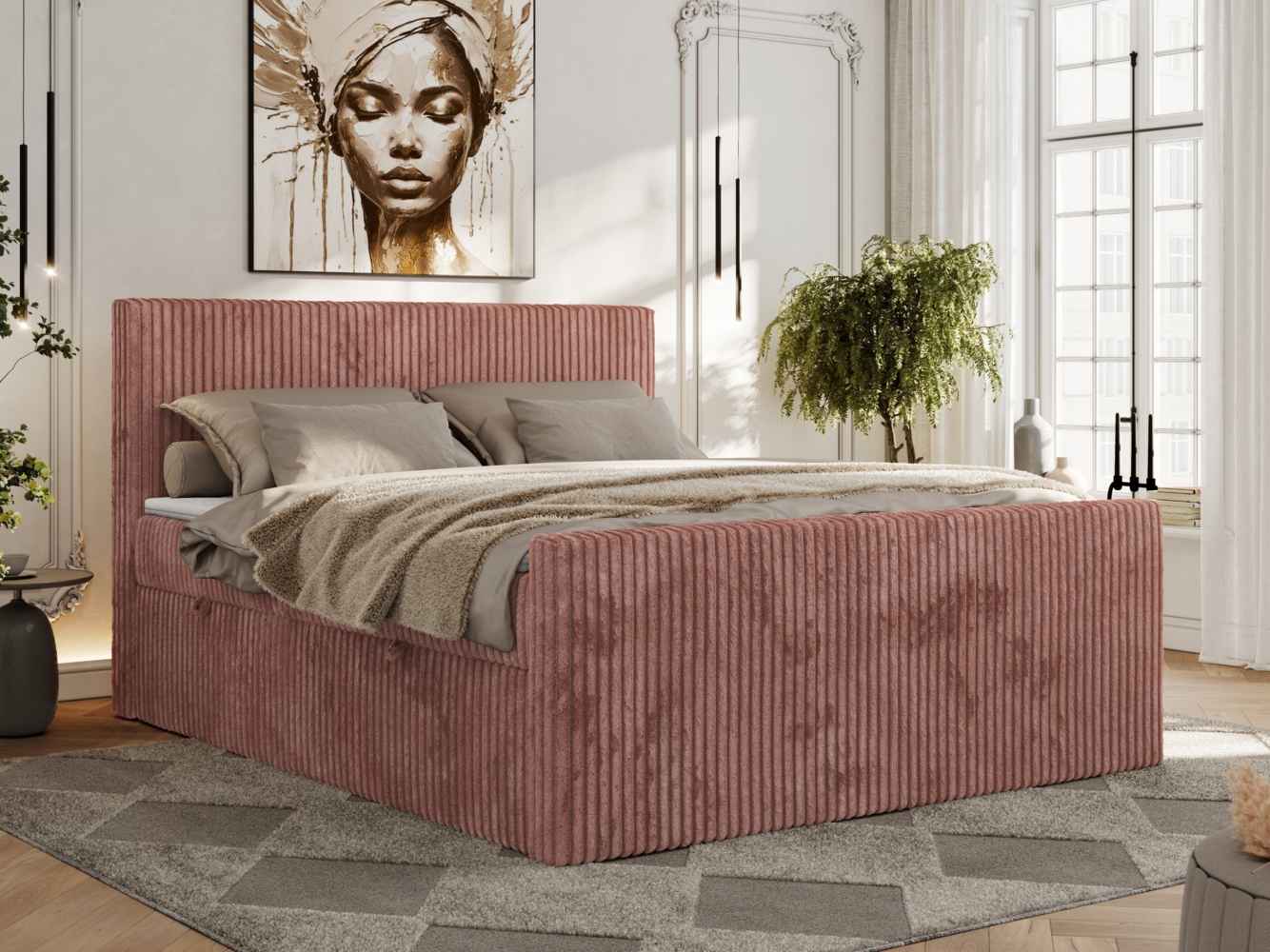 Boxspringbett, Doppelbett mit zwei Bettkästen und hohem Kopfteil aus Cordstoff - TILIANO DUO - 140 x 200 cm - Rosa Cord - H3 Bild 1