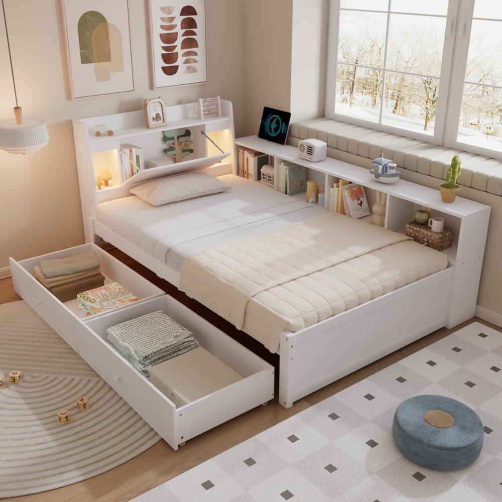 Merax Einzelbett 90x200cm, Paneelbett, Kopfteil mit Ablagefach + 2 Leuchten, mit Ladebuchse, seitlichen Stauschränken und Schubladen, Weiß Bild 1