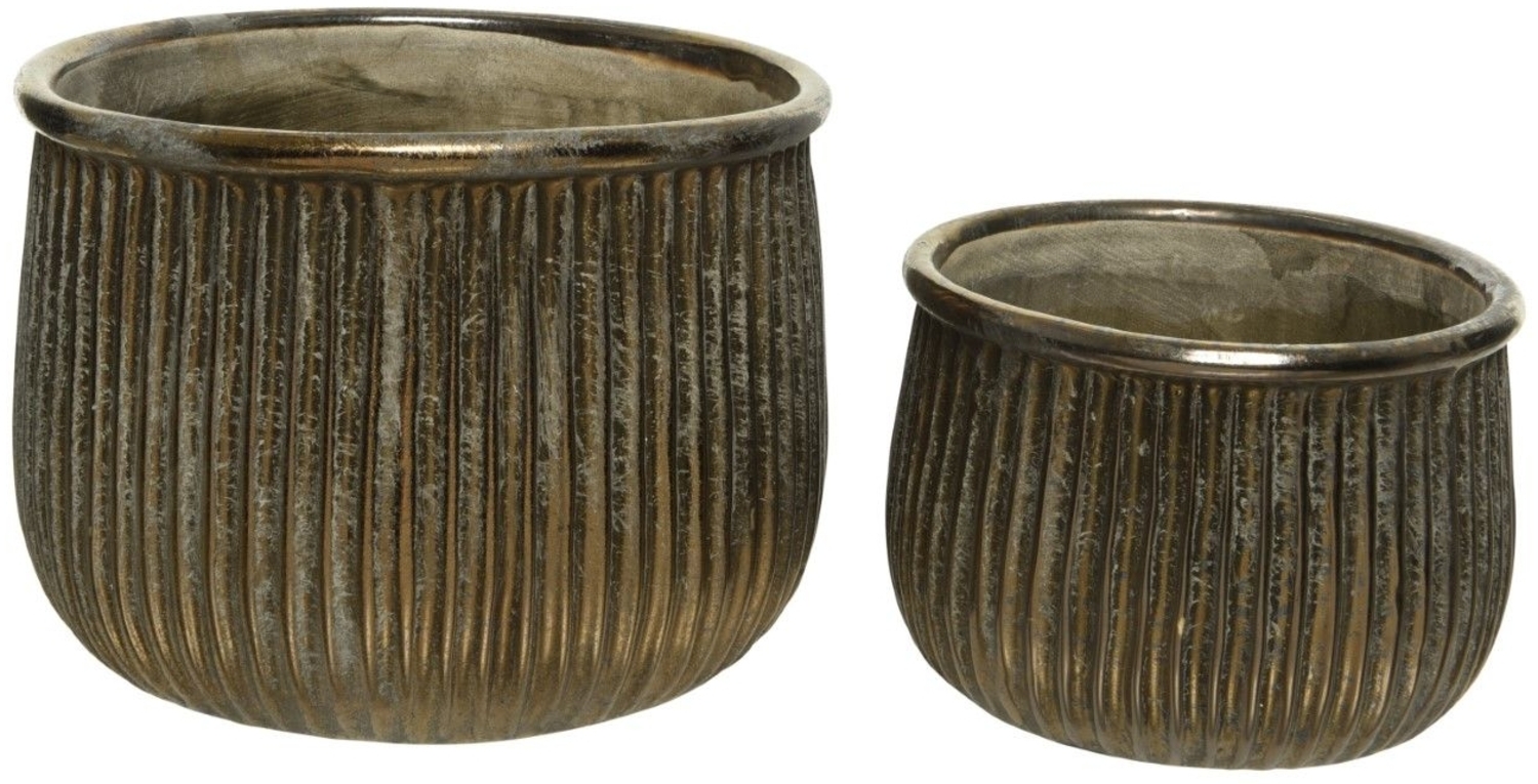 Blumentopf Pflanztopf Kräutertopf Steingut bronze Linien Ø 14x10 cm 2er Set Bild 1