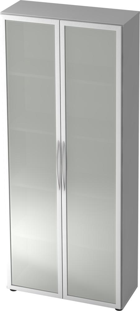 bümö Mehrzweckschrank 80cm breit, Aktenschrank o. Schuhschrank hoch, Milchglastüren Schrank, Küchenschrank in Grau/Silber aus Holz, Vorratsschrank & Haushaltsschrank mit Metallgriffen, 4200-5-S Bild 1