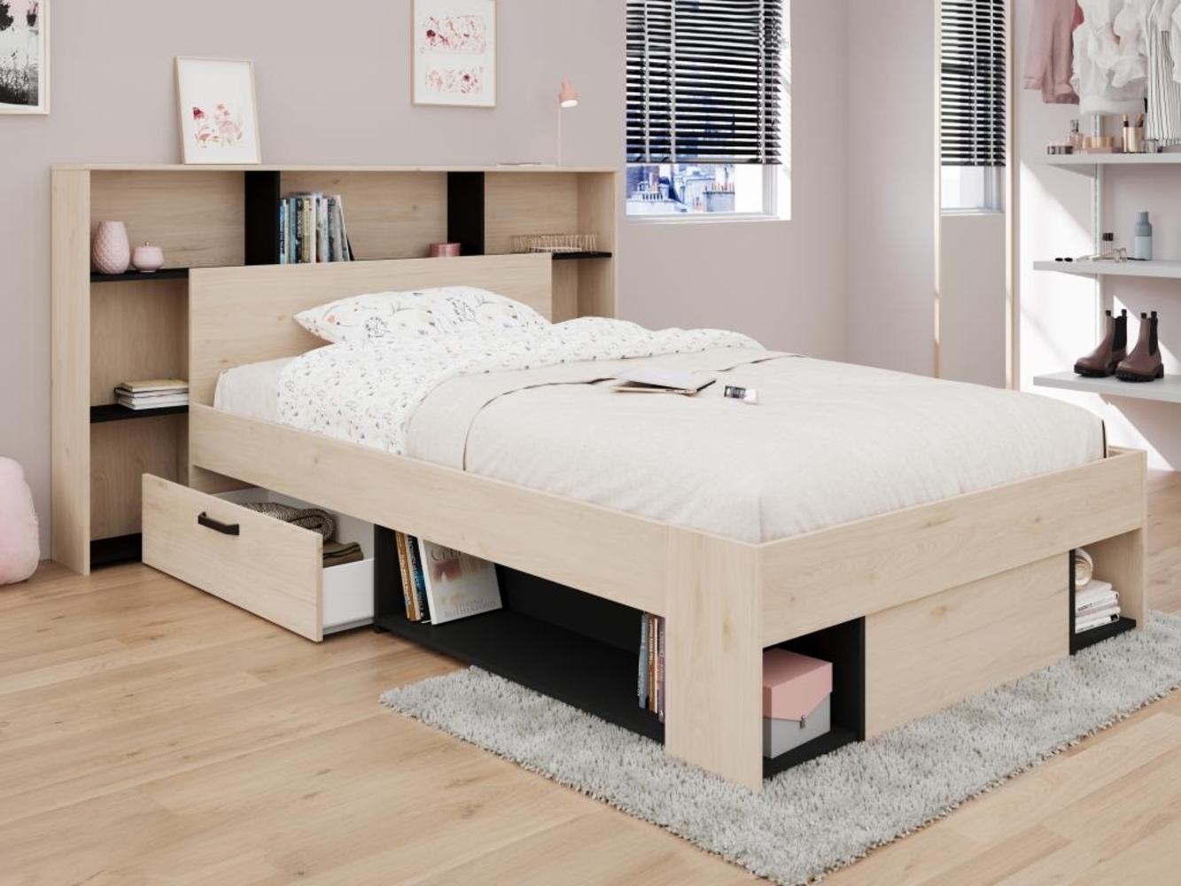 Vente-unique - Bett-Kopfteil mit Stauraum - 140 cm - Holzfarben & Schwarz - KINSELIA Bild 1