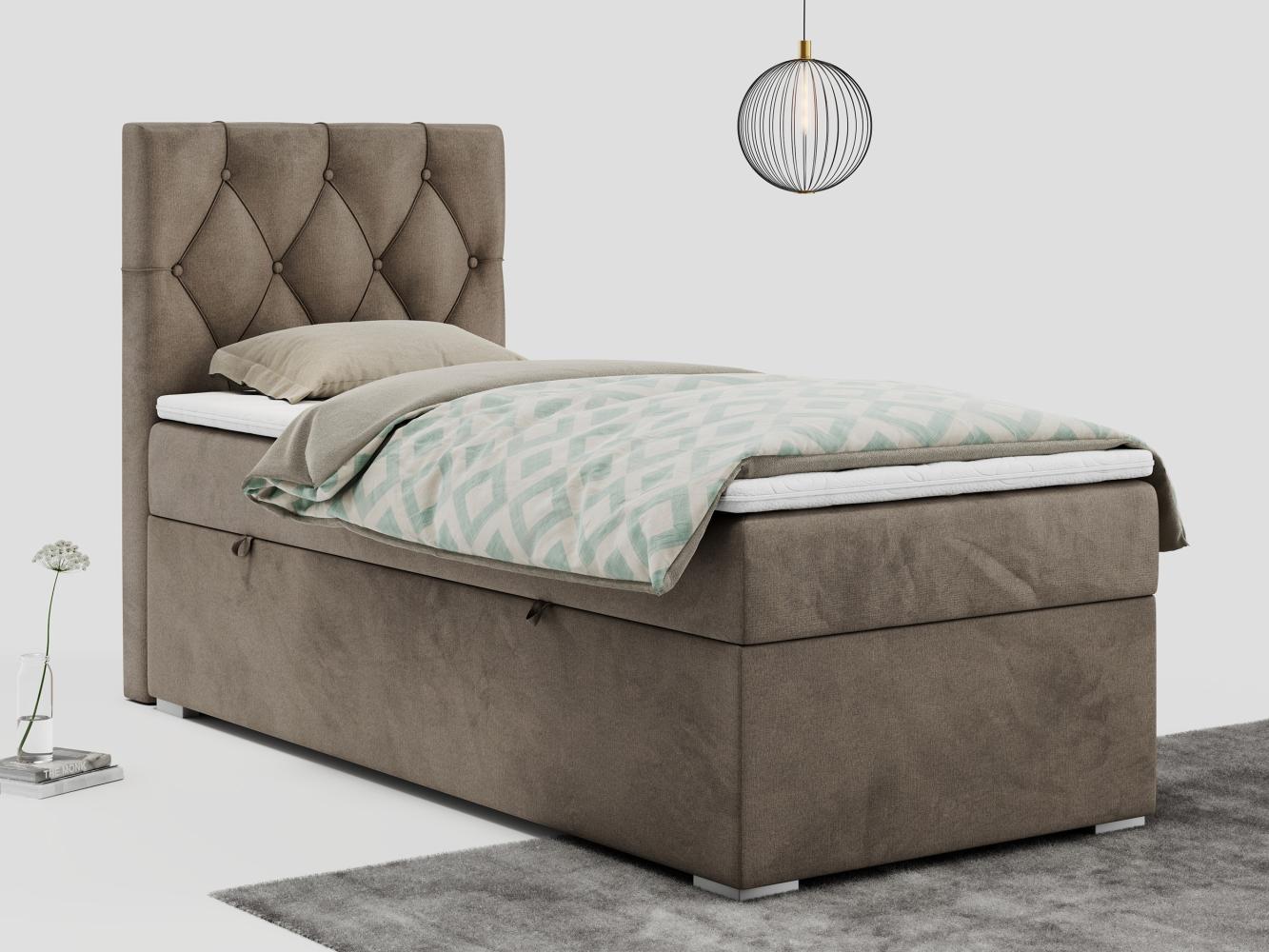 Boxspringbett ALDA, Einzelbett mit gestepptem Kopfteil und einem Bettkasten, 90x200 - Braun Velours - links - H3 Bild 1