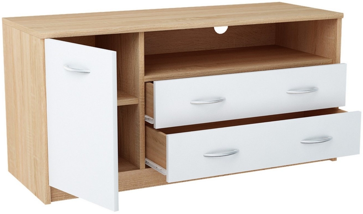 Home Collective TV-Schrank 110cm breit Lowboard mit matter Oberfläche Fernsehtisch mit 1 Tür (abgerundete Kante und Metall-Rollschienen Fernsehkommode) 2 Schubladen und 2 Regalen aus laminiertem Board sonoma weiß Bild 1