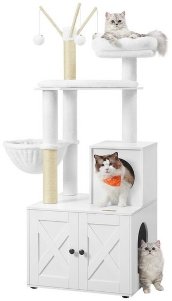 Feandrea Kratzbaum mit Katzenklo-Schrank, 151 cm hoch, 2-in-1 Katzenbaum, Schrank für Katzentoilette, mit Sisalstämmen, abnehmbaren Plüschbällen, Wolkenweiß Bild 1