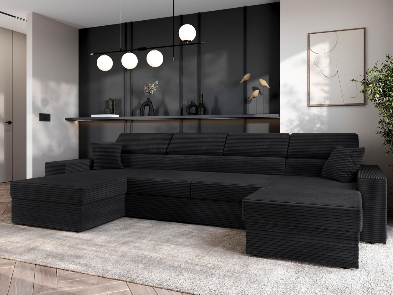 AX LIVING Belek U Form Cord Sofa Schwarz mit Bettkasten 355 cm Bild 1