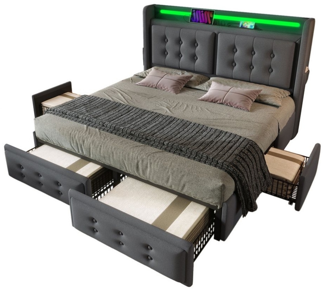 BlingBin Polsterbett Stauraumbett mit Lattenrost aus Holz und Metallrahmen (1-tlg, Doppelbett mit Led-Kopfteil Belastbarkeit 300 kg), USB C Ladefunktion, 4 Schubladen, Baumwolle Bild 1