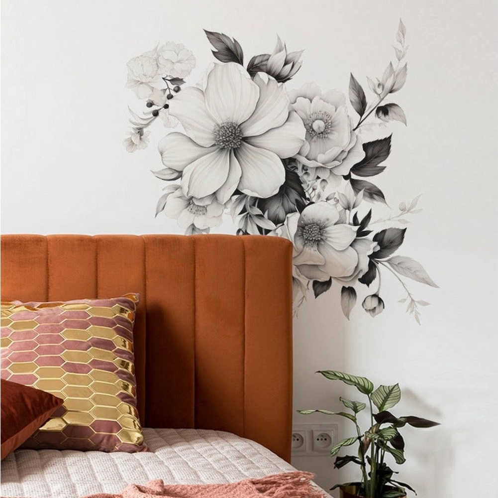 AUKUU Wanddekoobjekt Romantische Romantische graue und weiße Blumen florales, Schlafzimmer Eingang Heimdekoration Wandaufkleber selbstklebend Bild 1