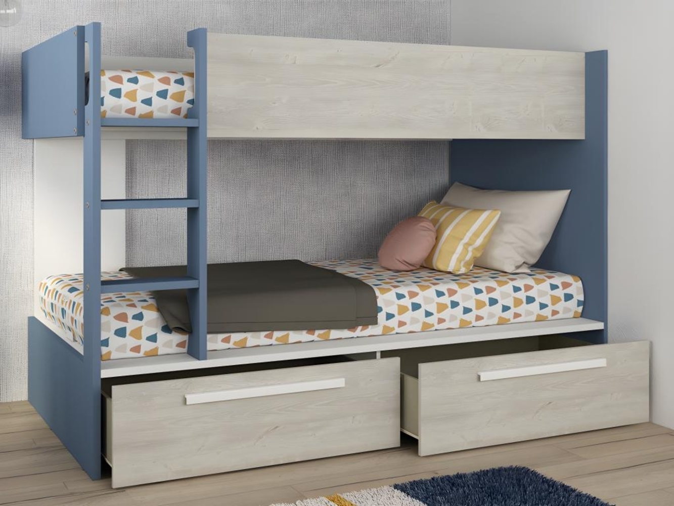 Vente-unique - Etagenbett mit 2 Schubladen - 2 x 90 x 200 cm - Blau, Naturfarben & Weiß - TINOLI Bild 1