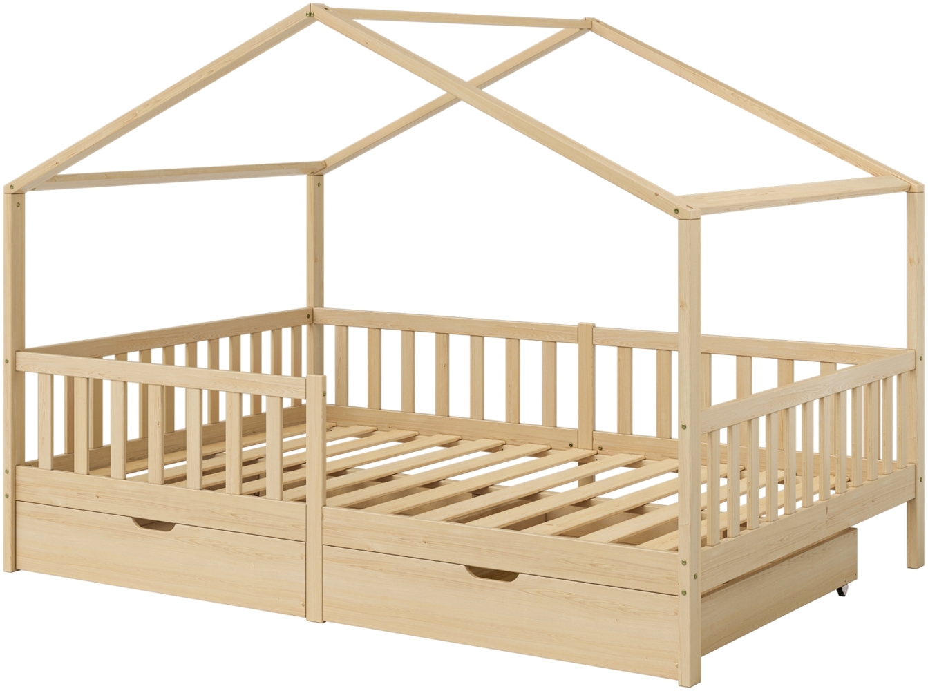 Bellabino 'Bia' Hausbett 140x200 cm mit 2 Schubladen, natur, Kiefer Massivholz, Montessori Kinderbett mit Stauraum, inkl. Rausfallschutz und Lattenrost Bild 1