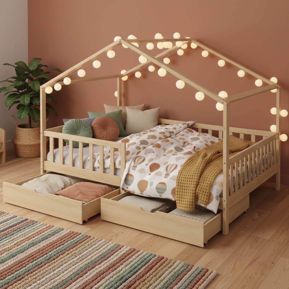 Bellabino 'Bia' Hausbett 140x200 cm mit 2 Schubladen, natur, Kiefer Massivholz, Montessori Kinderbett mit Stauraum, inkl. Rausfallschutz und Lattenrost Bild 1