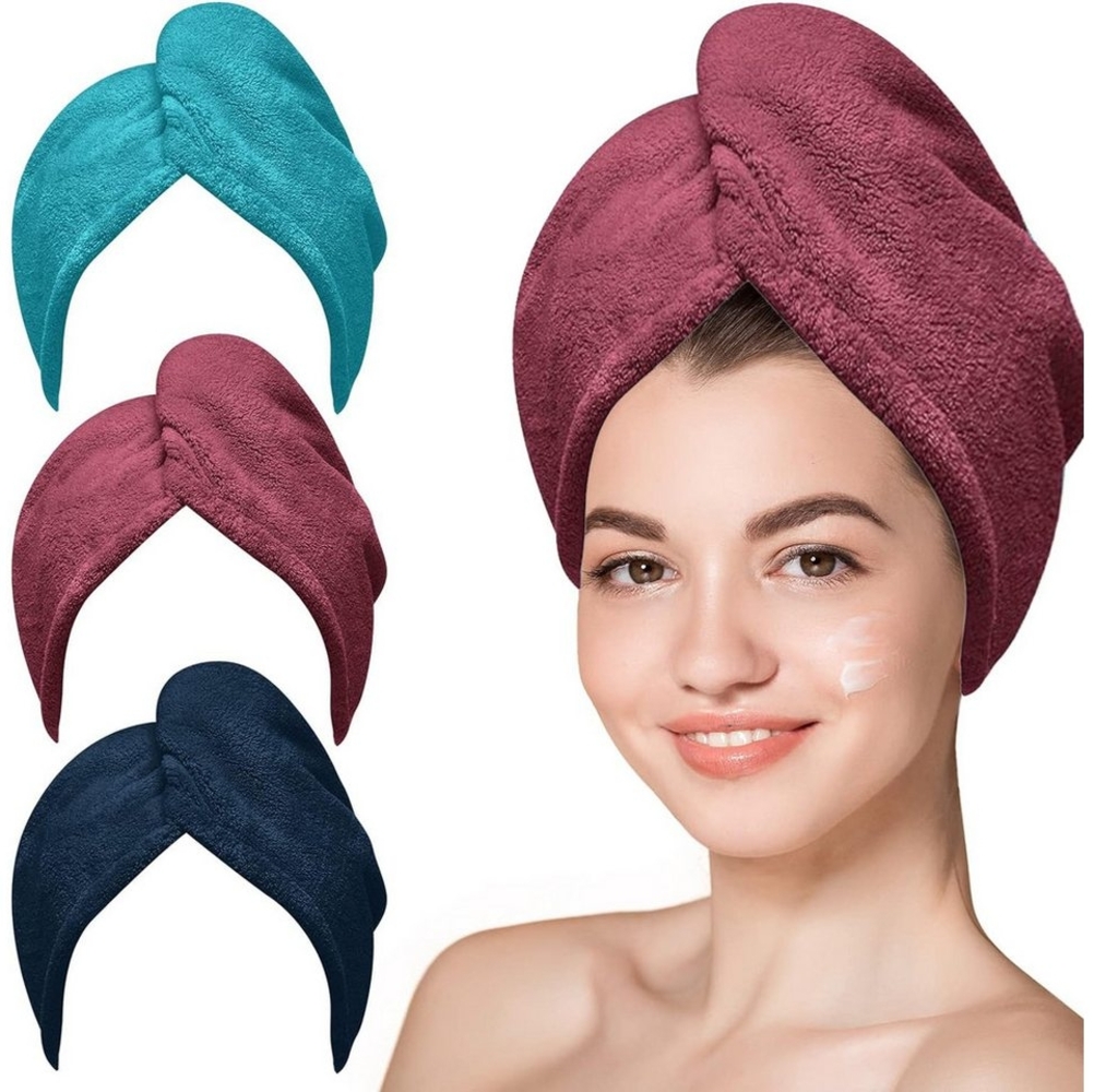 Coonoor Turban-Handtuch 3 Stück Mikrofaser Handtuch Haare Haarturban mit Knop, (zumTrocknen von Haaren), passend für Lange, Kurze, Locken, gerade Haare Bild 1