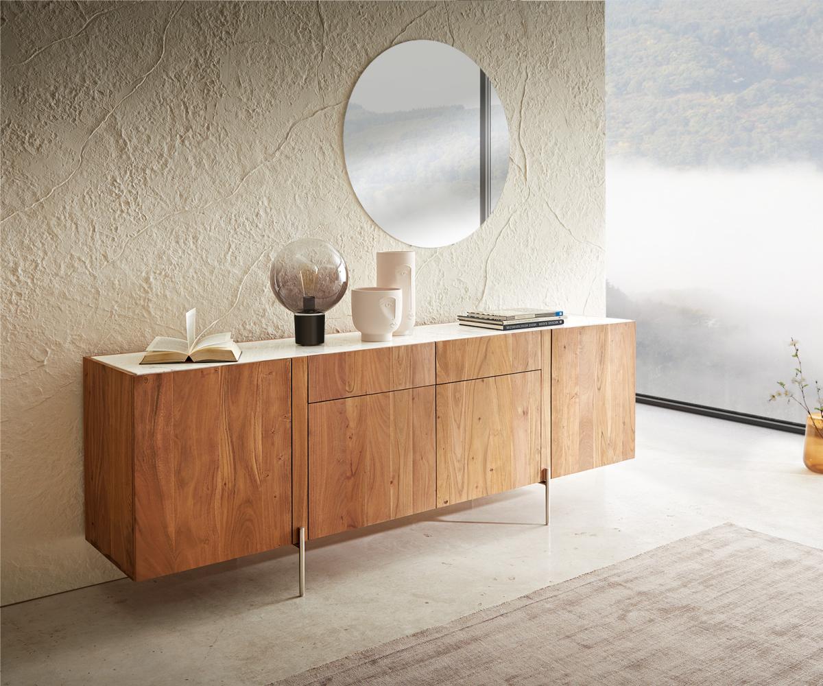 Sideboard Secara 200 cm Akazie Natur 4 Türen 2 Schübe Marmor Füße Edelstahl Bild 1