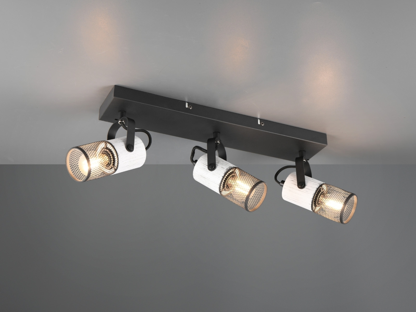 LED Deckenstrahler 3-flammig, Schwarz / Holz Weiß & Gitterschirme, Breite 44cm Bild 1