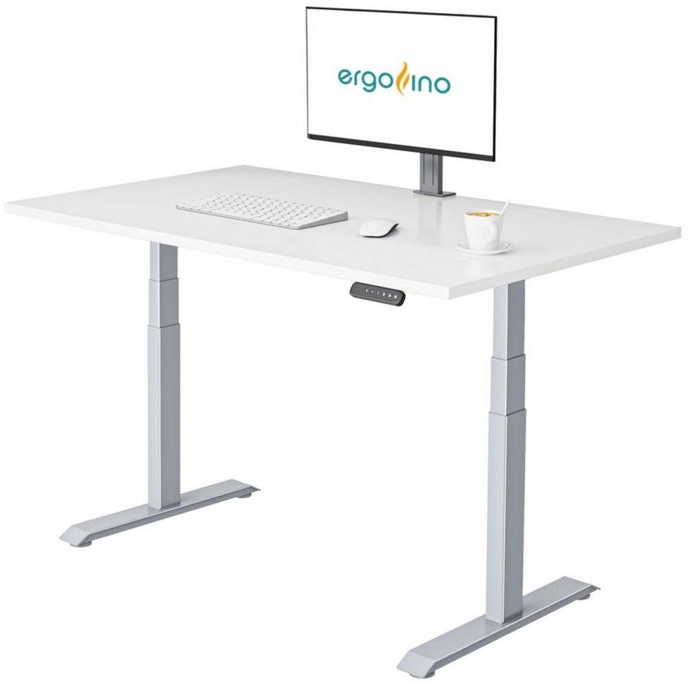 ERGOFINO Schreibtisch Elektrisch höhenverstellbarer Schreibtisch DT30 (höhenverstellbarer Schreibtisch 140x80 cm, elektrisch schreibtisch mit GS-Zertifiziert, 2 Motoren, 3-Fach Teleskop, 3 Memoryfunktion), Gestell Grau inkl. Weiß Tischplatte Bild 1
