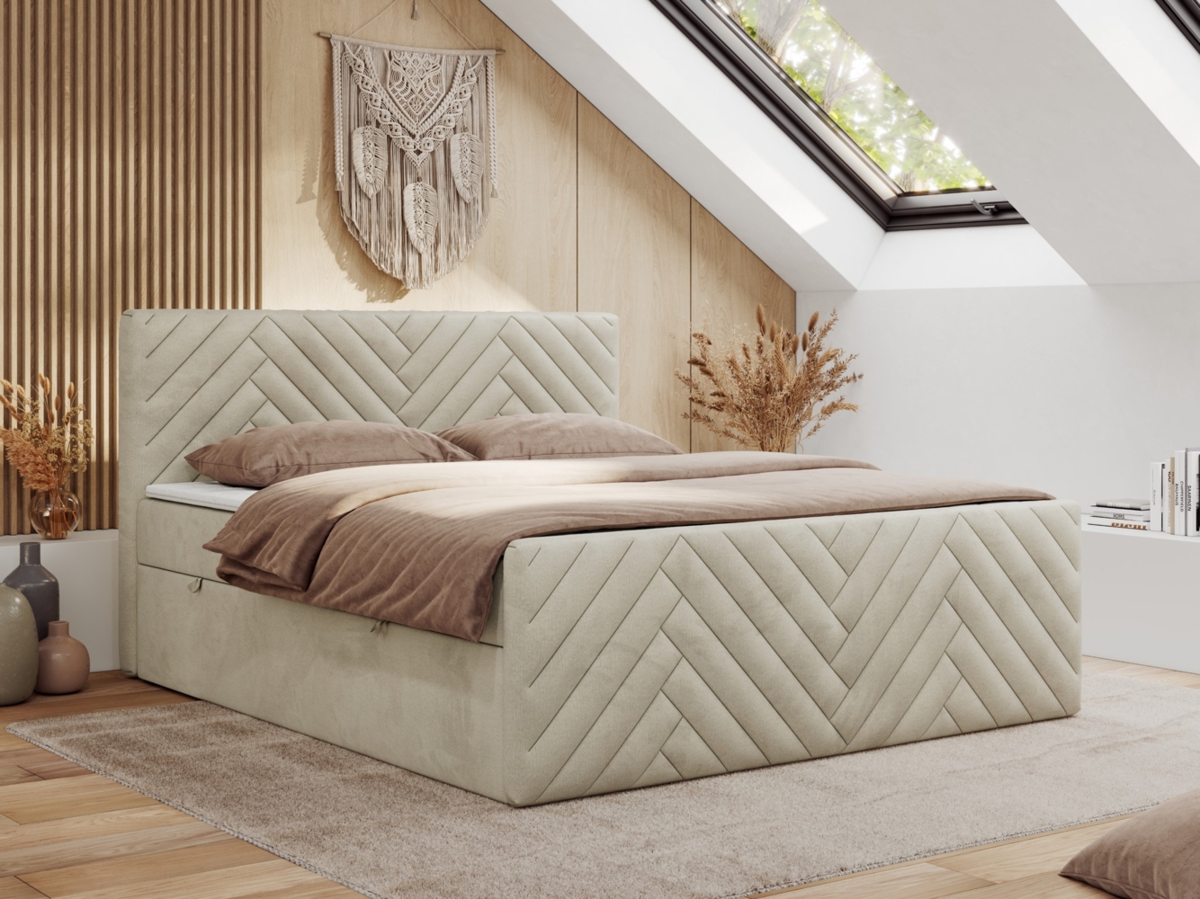 Boxspringbett mit zwei Bettkästen, 7 Härtezonen Multipocket-Matratzen, dekoratives Kopfteil und Front, Doppelbett - PARIS DUO - 140 x 200 cm - Beige Velours - H3 Bild 1