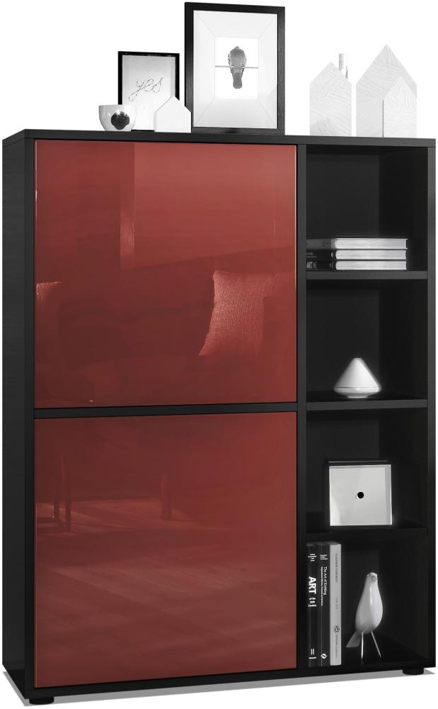 Highboard Schrank Anrichte Cuba mit 8 Fächern, Korpus in Schwarz matt / Fronten in Bordeaux Hochglanz Bild 1