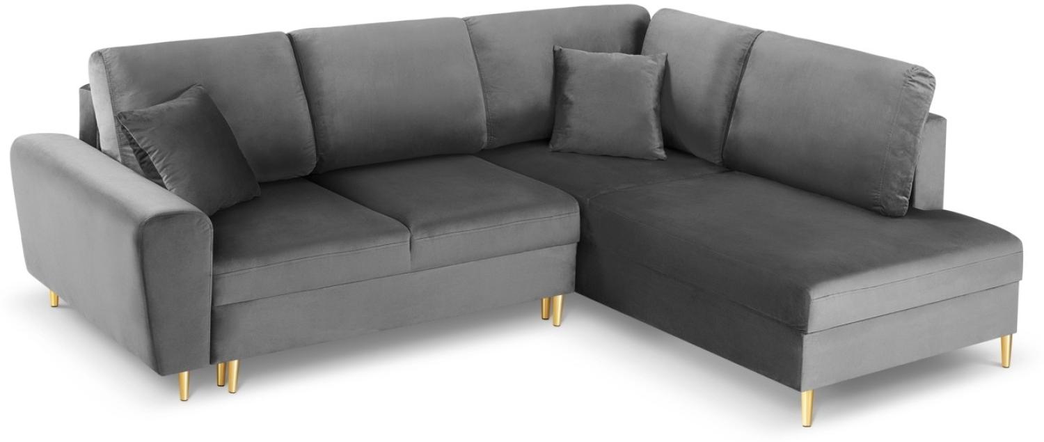 Micadoni 5-Sitzer Samtstoff Ecke rechts Sofa mit Bettfunktion und Box Moghan | Bezug Light Grey | Beinfarbe Gold Metal Bild 1