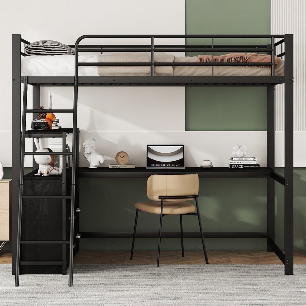 Bett 140x200 cm mit L-Schreibtisch und Schubladen – Hochbett mit Metallrahmen, Schwarz Bild 1