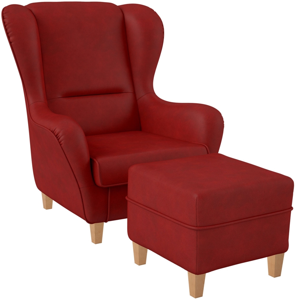 Supellex Sofia Ohrensessel mit Hocker | Design Kunstleder Milano Rot Bild 1