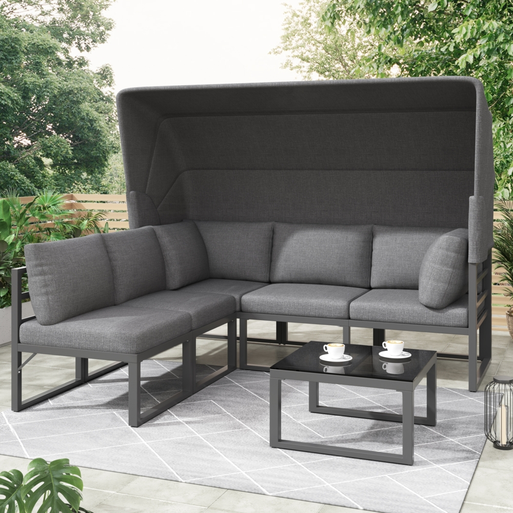 Merax Garten Loungesessel Set, Iron Sunny Island Sitzgruppe Hocker und Tisch mit Markise 4er Set Balkon und Garten Loungemöbel Terrassenmöbel Wetterfest Grau Inkl. aller Kissen, grau Bild 1