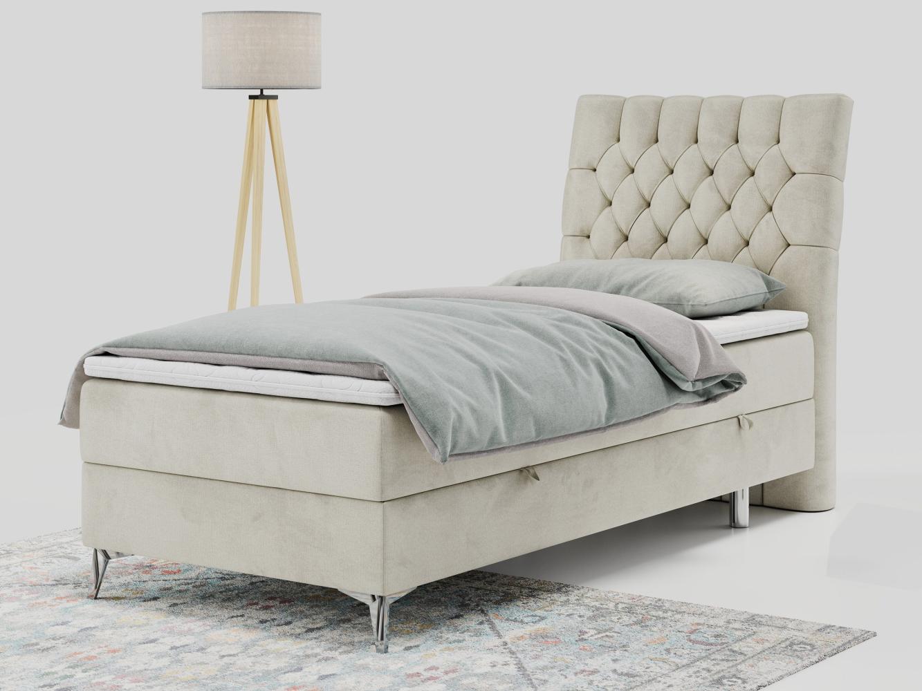 Boxspringbett MILEN, Einzelbett 90x200, Polsterbett mit Multipocket-Matratze und Topper - Beige velours - rechts - H3 Bild 1