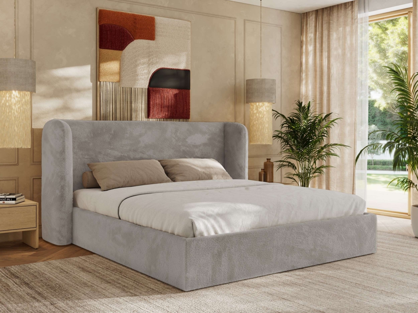Polsterbett Bett mit Holzlattenrost Schlafzimmer Bett Doppelbett gepolstertes Kopfteil Multipocket Matratze - EMORA CLASSIC - 200x200 cm - Hellgrau Plüsch - ELORI LUX Bild 1