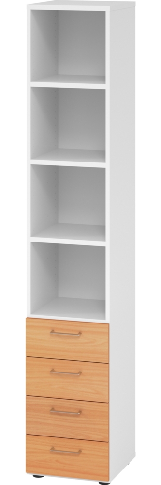 bümö smart Schubladenschrank, Büroschrank in Weiß/Buche mit 4 Schüben & 4 Regalfächern - Bürocontainer aus Holz, Container mit Metallgriffen & Soft-Stop Schubladen, 964S4-W-6-BS Bild 1