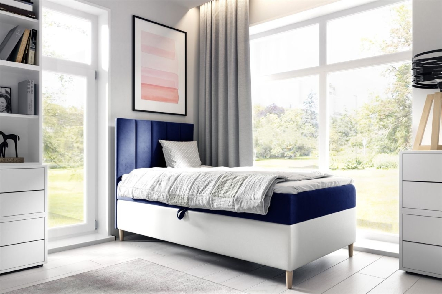 Boxspringbett Gästebett Kinderbett HELVI Nr. 1 100x200cm Weiss-Blau Bild 1