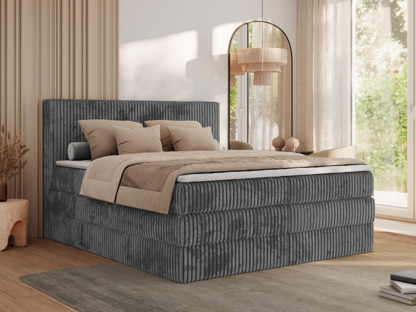 Boxspringbett, Doppelbett mit zwei Bettkästen und Multipocket-Matratze, Cord Bett - TILIANO KING - 140 x 200 cm - Grau Cord - H3 Bild 1