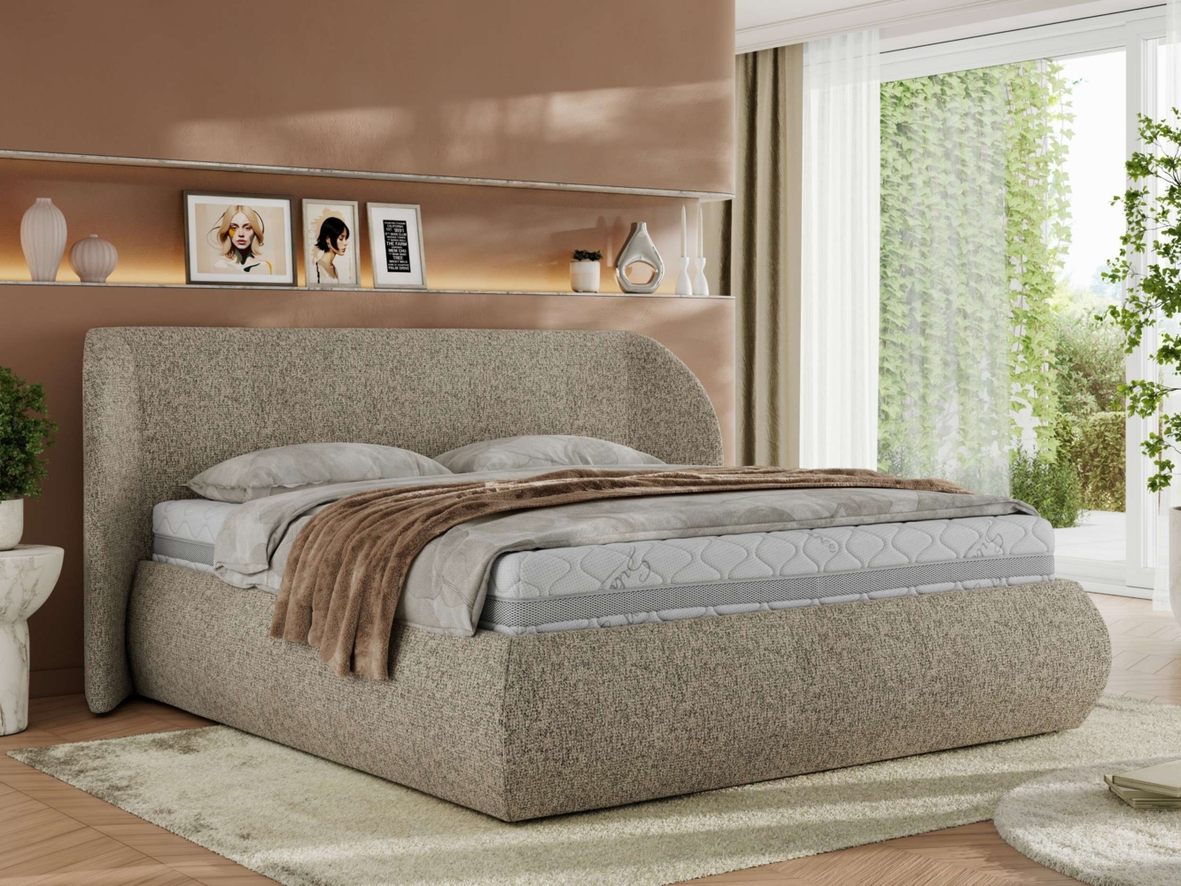 Polsterbett mit Lattenrost, Doppelbett Bettkasten, Bettgestell mit Gasdruckfeder Pocket Matratze - CAELA CLASSIC - 140 x 200 cm - Dunkelbeige Struktur - VIRE LUX Bild 1